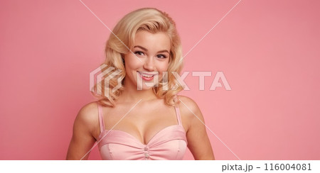 Portrait of beautiful smiling blond young woman on pink background. Retro pin up style. Generative 116004081