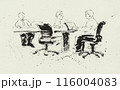 ビジネスマン3名でのミーティングのモノクロイラスト、水彩用紙のテクスチャー 116004083