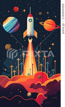 Colorful illustration of a rocket launching into space with planets and stars. Concept of business growth and reaching new heights. Colorful illustration of a rocket launching into space with planets and stars. Concept of business growth and reaching new heights. 116004489