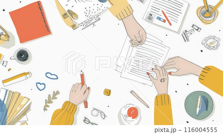 Illustration of hands working together over a desk with office supplies. Concept of teamwork and creative collaboration in the workplace. Illustration of hands working together over a desk with office supplies. Concept of teamwork and creative collaboration in the workplace. 116004555