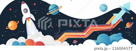 Illustration of rockets and planets with a zigzag arrow indicating financial growth. Concept of business expansion and technological innovation. Illustration of rockets and planets with a zigzag arrow indicating financial growth. Concept of business expansion and technological innovation. 116004577