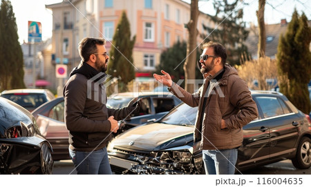 two men arguing near their cars that were involved in a accident on the road two men arguing near their cars that were involved in a accident on the road 116004635