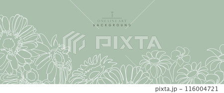 Beautiful floral vector hand drawn green background. One line art design.Delicate green pattern with drawing contour flowers. Vintage ornament cover, banner, card, template, brochure, placard ant etc 116004721
