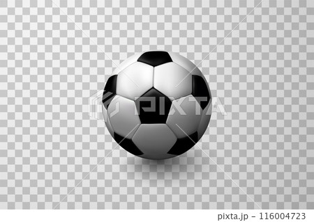 Vector soccer ball isolated on transparent background. Realistic illustration of football ball in black and white design. Sports equipment 116004723