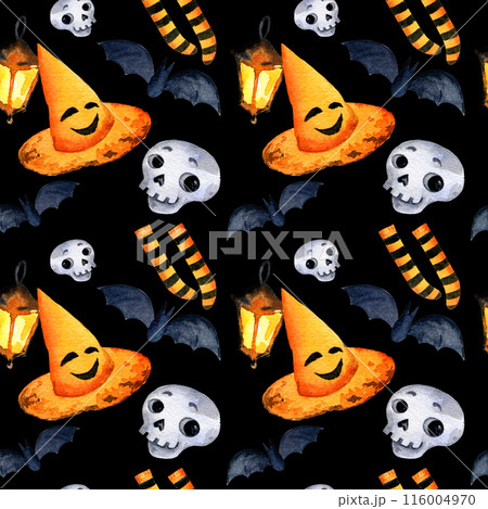 watercolor seamless pattern of Halloween theme with cartoon funny hat, cute skulls, striped stockings witches, bats, burning light, hand drawn illustration of October event on black background watercolor seamless pattern of Halloween theme with cartoon funny hat, cute skulls, striped stockings witches, bats, burning light, hand drawn illustration of October event on black background 116004970
