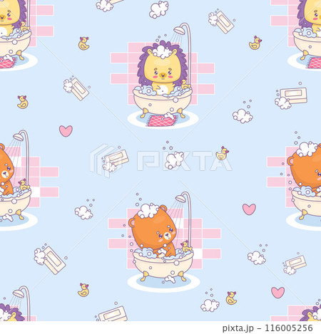 Seamless pattern with funny hedgehog and bear bathing in bubble bath. Cute cartoon kawaii animal character on light blue background with soap and rubber duck. Vector illustration. Kids collection. Seamless pattern with funny hedgehog and bear bathing in bubble bath. Cute cartoon kawaii animal character on light blue background with soap and rubber duck. Vector illustration. Kids collection. 116005256