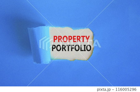 Property portfolio symbol. Concept words Property portfolio on beautiful white paper. Beautiful blue paper background. Business Property portfolio concept. Copy space. Property portfolio symbol. Concept words Property portfolio on beautiful white paper. Beautiful blue paper background. Business Property portfolio concept. Copy space. 116005296