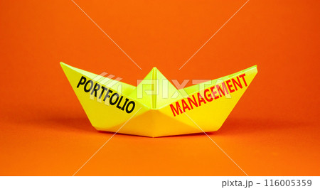 Portfolio management symbol. Concept words Portfolio management on beautiful yellow paper boat. Beautiful orange paper background. Business Portfolio management concept. Copy space. 116005359