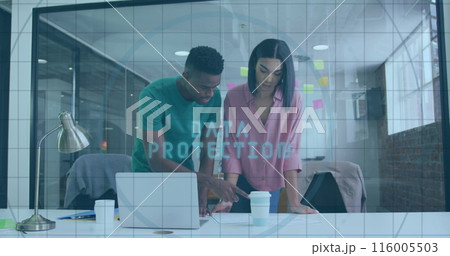 Image of fingerprint scanner over diverse male and female colleagues discussing over a plan Image of fingerprint scanner over diverse male and female colleagues discussing over a plan 116005503