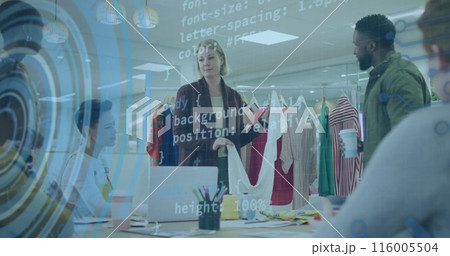 Image of data processing over caucasian female fashion designer holding a t-shirt discussing Image of data processing over caucasian female fashion designer holding a t-shirt discussing 116005504