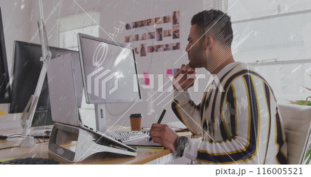 Image of data processing over caucasian businessman in office Image of data processing over caucasian businessman in office 116005521