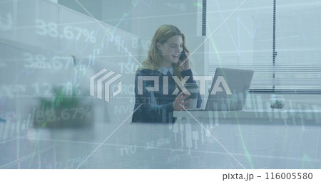 Image of data processing over caucasian businesswoman working in office Image of data processing over caucasian businesswoman working in office 116005580