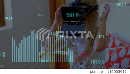 Image of financial data processing over caucasian girl using vr headset Image of financial data processing over caucasian girl using vr headset 116005611