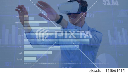 Image of financial data processing over caucasian man using vr headset 116005615