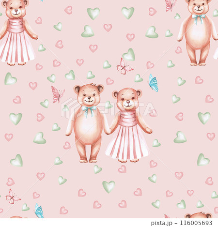 Seamless pattern of standing boy and girl bears with balloons and watercolor illustration on a pink background. Hand drawn illustration of sleeping bear for baby wallpaper, baby linen, baby shower. 116005693