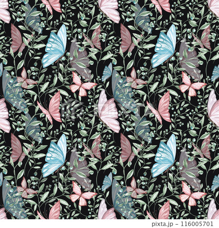 Seamless pattern of colorful butterflies and flowers watercolor illustration on a black background. Hand drawn illustration of butterflies for fabric printing, baby wallpaper, baby linen, baby shower. 116005701