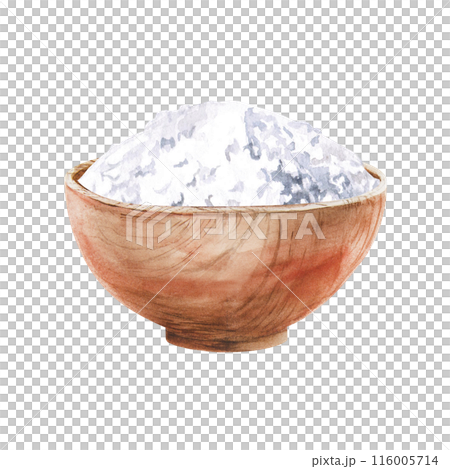 Salt in a wooden bowl in watercolor illustration on a white background. Hand-drawn illustration of salt for postcards, spa advertising, hammam. Turkish bath, Finnish sauna, beauty salons 116005714