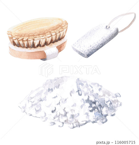 Bath brush, pumice stone, salt slide in watercolor illustration on a white background. Hand drawn illustration set for postcards, spa advertising, hammam. Turkish bath, Finnish sauna, beauty salons 116005715