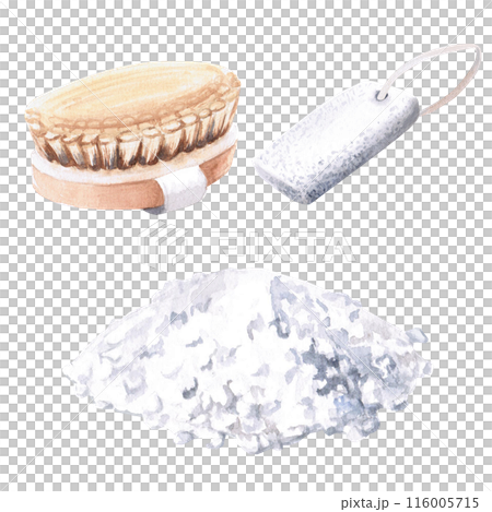 Bath brush, pumice stone, salt slide in watercolor illustration on a white background. Hand drawn illustration set for postcards, spa advertising, hammam. Turkish bath, Finnish sauna, beauty salons Bath brush, pumice stone, salt slide in watercolor illustration on a white background. Hand drawn illustration set for postcards, spa advertising, hammam. Turkish bath, Finnish sauna, beauty salons 116005715