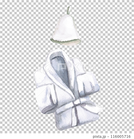 Set of bathrobe and bath cap in watercolor illustration on a white background. Hand-drawn illustration for advertising spa treatments, swimming pools, sauna, bathhouse, hammam. 116005716