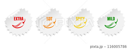 Realistic Vector Round Stickers with Spicy Chili Pepper Icon, Food Spicy Level. Red, Orange, Yellow, Green Jalapeno Pepper Strength Scale Sticker Indicators with Mild, Spicy, Hot and Extra Positions 116005786