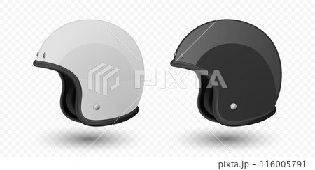 Vector 3d Realistic Blank White and Black Glossy Classic Vintage Open-Face Motorbike Helmet Design Template for Mockup. Side View. Motorcycle Helmet Icon, Closeup, Isolated Vector 3d Realistic Blank White and Black Glossy Classic Vintage Open-Face Motorbike Helmet Design Template for Mockup. Side View. Motorcycle Helmet Icon, Closeup, Isolated 116005791