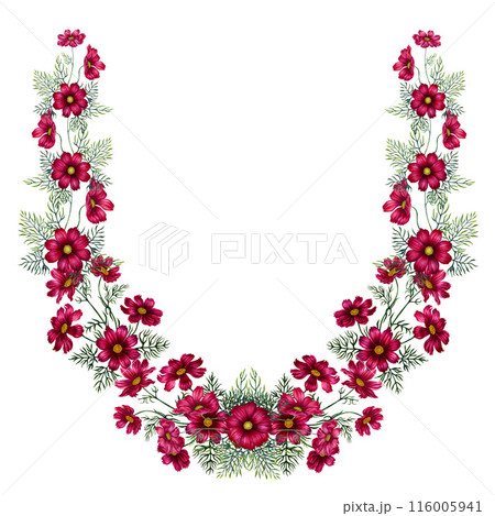 Semicircular frame, swag of pink, purple cosmos flowers. Watercolor illustration of template for cards for Mother's Day, Valentine's Day, fabric, interior, perfume, aromatherapy, alchemy, magic 116005941