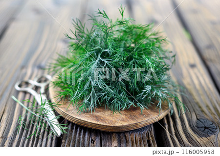 Bunch of green organic dill with old scissors on wooden board Bunch of green organic dill with old scissors on wooden board 116005958