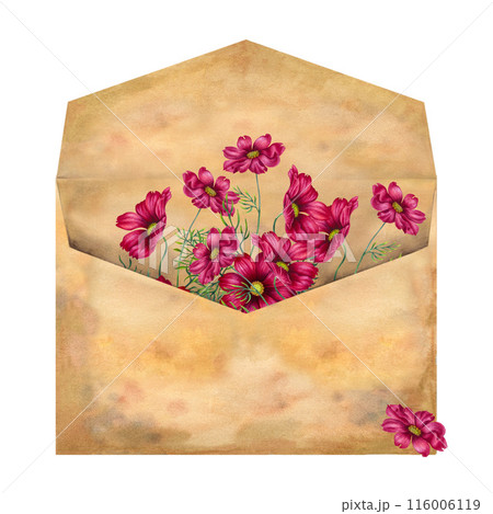 Craft vintage paper envelope with a bouquet of pink flowers. Watercolor illustration template for cards for Mother's Day, Valentine's Day, history, scrapbooking, aromatherapy, letters, magic 116006119
