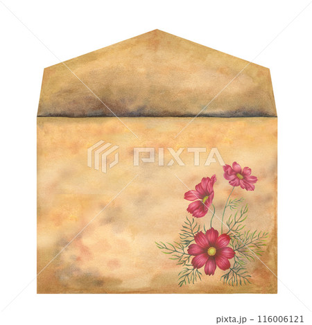 Craft vintage paper envelope with a bouquet of pink flowers. Watercolor illustration template for cards for Mother's Day, Valentine's Day, history, scrapbooking, aromatherapy, letters, magic Craft vintage paper envelope with a bouquet of pink flowers. Watercolor illustration template for cards for Mother's Day, Valentine's Day, history, scrapbooking, aromatherapy, letters, magic 116006121