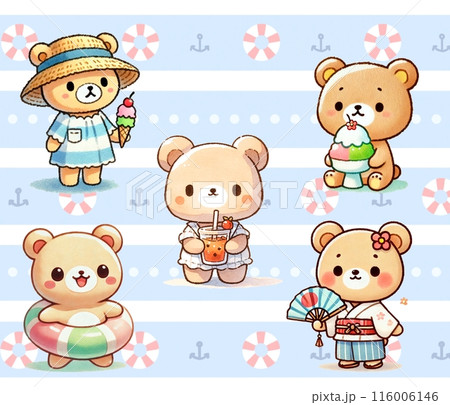 かわいい夏のクマさんのイラストセット かわいい夏のクマさんのイラストセット 116006146