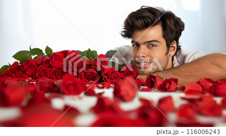 Man smiling happily surrounded by numerous red roses, radiating joy and appreciation in a vibrant and picturesque setting. AI Generated Man smiling happily surrounded by numerous red roses, radiating joy and appreciation in a vibrant and picturesque setting. AI Generated 116006243
