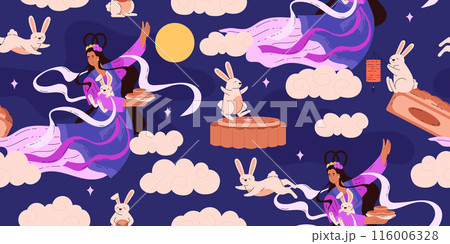 Asian Moon Goddess themed seamless vector pattern for festival decor. Asian Moon Goddess themed seamless vector pattern for festival decor. 116006328