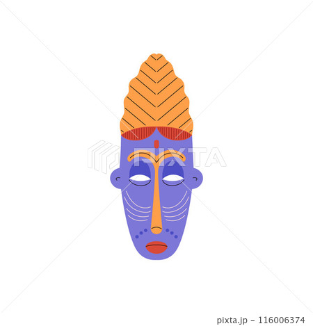 Tribal mask painted ornament bright color vector icon, African carved wooden decorated mask aboriginal face ritual totem 116006374