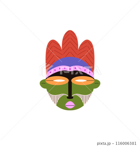 Vector ethnic mask of an African tribe with bright multicolored patterns and drawings 116006381