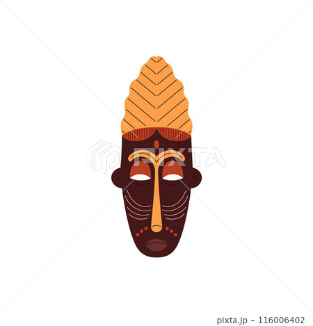 Tribal mask icon, African carved painted wooden mask, vector cartoon shaman face, ritual ethnic symbol Aztec totem 116006402