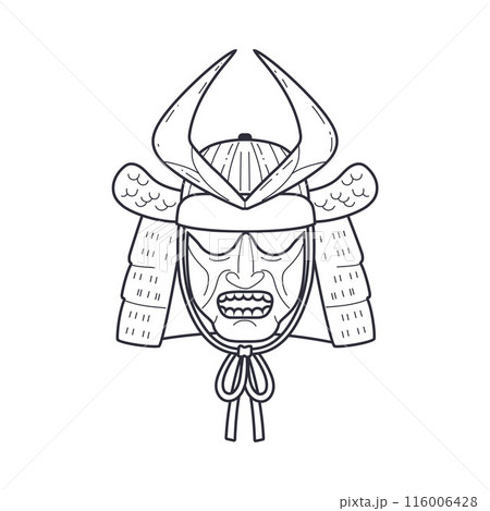 Samurai warrior mask black silhouette vector icon, oriental armor head helmet, Japanese mask with horns, Kabuki theater Samurai warrior mask black silhouette vector icon, oriental armor head helmet, Japanese mask with horns, Kabuki theater 116006428