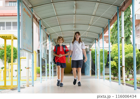 Child happy to be back to school. 116006434