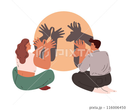 Couple making shadows with hands, shadow theater, showing reindeer and bird from palms and fingers, vector animal puppet 116006450
