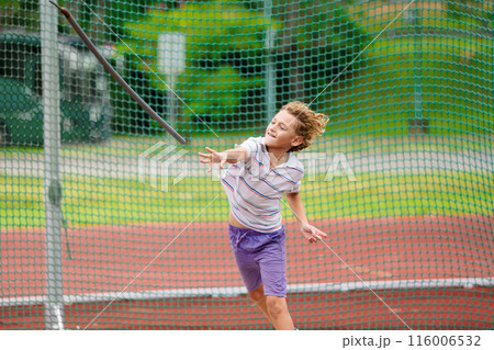 Javelin throw competition for kids. Athletics club 116006532