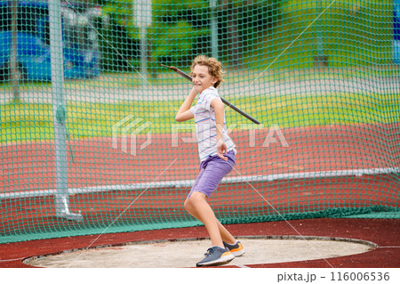 Javelin throw competition for kids. Athletics club 116006536