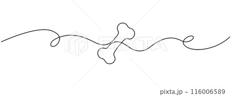 Drawing of a bone for a dog, drawn with one editable continuous line. Continuous line drawing of a human bone. Vector illustration. Drawing of a bone for a dog, drawn with one editable continuous line. Continuous line drawing of a human bone. Vector illustration. 116006589