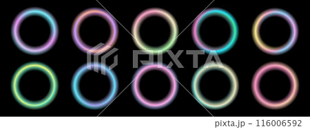 Set of gradient with blur frames on black background. Abstract three-dimensional space colored background. Collection of glowing neon color with aura round frames for websites, user interfaces. Vector 116006592