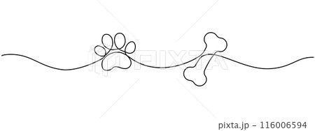 Drawing of a dog's paw and bone with a continuous line. Paw print with bone with one editable line. Cute Print for design . Vector illustration. 116006594