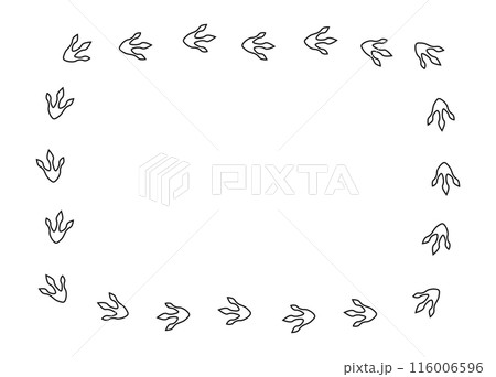 Dinosaur footprints frame. Rectangular border of dragon footprints. Vector doodle illustration isolated on white background. 116006596