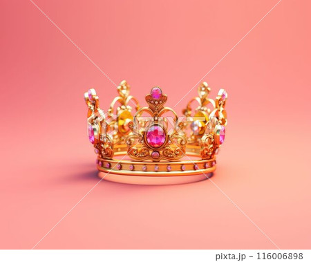 Pink and gold shiny crown with a reflective surface on a pink background. AIG35. Pink and gold shiny crown with a reflective surface on a pink background. AIG35. 116006898