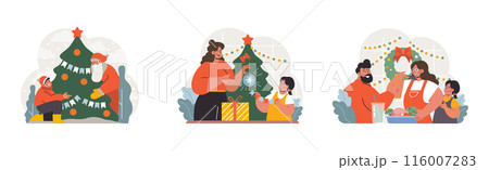 Christmas and new year celebration set. Family members or friends. Festive traditions, Christmas tree and festive dinner. Santa Claus flying on sleight with presents. Flat vector illustration Christmas and new year celebration set. Family members or friends. Festive traditions, Christmas tree and festive dinner. Santa Claus flying on sleight with presents. Flat vector illustration 116007283
