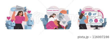 Charity and charitable foundation set. Help for people in need. Humanitarian aid, donations, volunteers or Non-governmental, nonprofit organizations support. Flat vector illustration 116007286