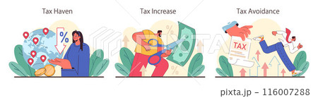 Tax optimization set. Financial efficiency, budgeting and economy idea. Taxes deduction and refund. Flat vector illustration 116007288