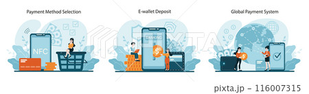 Payment Methods set. Selection with NFC, e-wallet top-ups, and international transactions. Visualizing modern finance technology and cross-border payments. Flat vector illustration 116007315